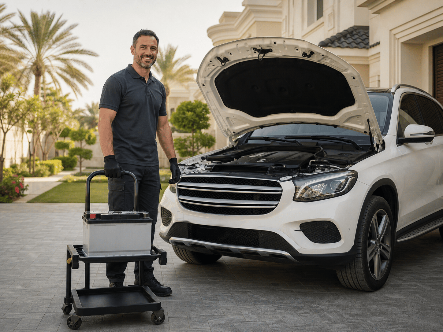 A technician stands beside a car with a replacement battery on a trolley